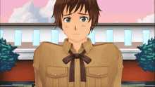 a cartoon character with brown hair and green eyes is wearing a bow tie