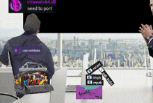 a man sitting in front of a window with a tool bag on his back that says lean contributor on it