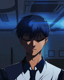 a man with blue hair is standing in front of a ceiling air conditioner