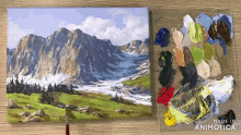 a painting of a mountain next to a palette of paints made by animatica