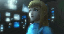 a woman in a blue suit stands in front of a computer screen