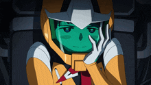 a cartoon character with a green face is wearing a helmet and gloves