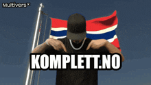 a man wearing a ny hat stands in front of a norwegian flag