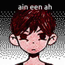 a pixel art of a boy with red hair and the words " ain een ah " on the bottom