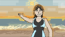 a pixel art of a woman standing on the beach