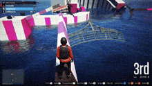 a man is standing on a bridge in a video game with the number 3rd on the bottom left