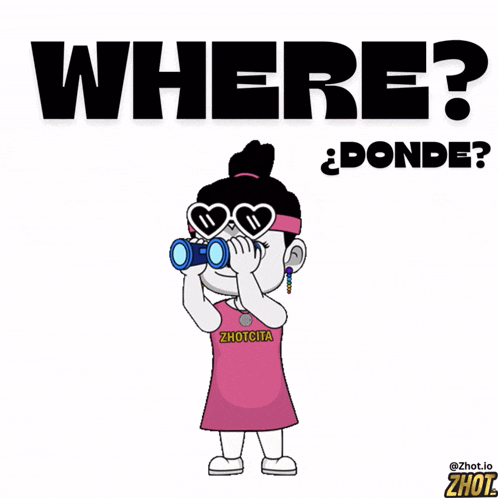 a cartoon of a girl looking through binoculars with the words where ? donde ? below her