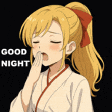 a girl with blonde hair and a red bow on her head is yawning and saying good night