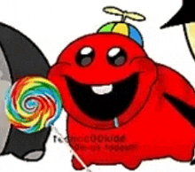 a red cartoon character is holding a colorful lollipop and wearing a hat .