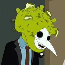 a man in a suit and tie has a mask on his head
