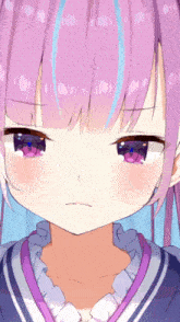 a close up of a girl with purple hair and blue stripes