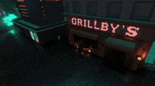 a neon sign for grillby 's is lit up in the dark