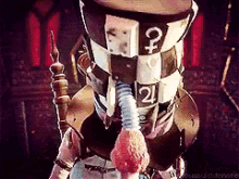 a mad hatter from alice in wonderland is wearing a hat with a question mark on it