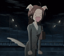 a woman in a suit has a dog tail and ears