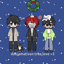 a drawing of three people and a cat with the words dokjamativan true love < 3 underneath