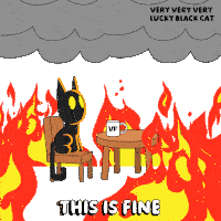 a cartoon of a black cat sitting at a table with a vf mug