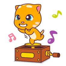 a cartoon cat is standing on top of a music box with music notes around it