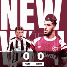 two soccer players standing next to each other in front of the words new o way