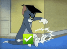 a cartoon of tom wearing a graduation cap and a check mark