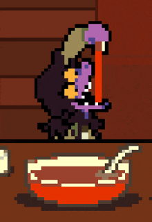 a pixel art drawing of a flamingo eating soup