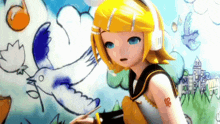 a girl is painting a picture of a bird