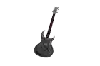 a black electric guitar with blue buttons on the neck