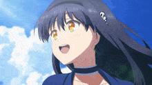 a girl with long black hair and yellow eyes is looking up at the sky