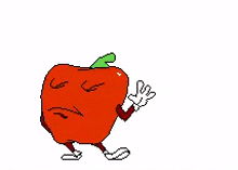a cartoon apple with arms , legs and a face is waving .