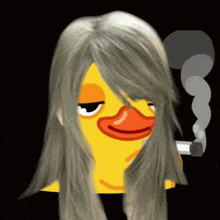 a yellow duck with long hair smoking a cigarette