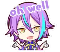 a cartoon of a girl with purple hair and the words oh well above her