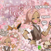 a girl with pink hair is holding a pokeball in front of flowers and the words good morning love
