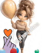 a cartoon girl holding a balloon with aylin bunu begeni written below her