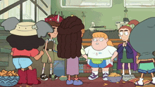 a group of cartoon characters are standing around a table with a bowl of chips