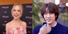 a woman in a pink dress is smiling next to a young man