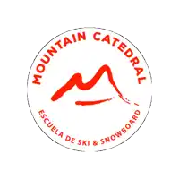 a red and white logo for mountain catedral with a mountain in the center