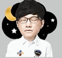 a man wearing glasses and a white shirt is standing in front of a crescent moon .