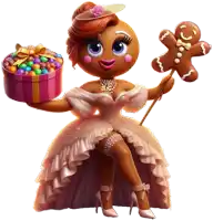 a gingerbread woman is holding a box of candy and a gingerbread man on a stick