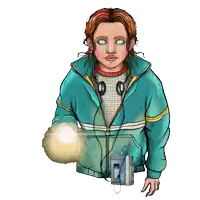 a cartoon of a girl with headphones and a tape player