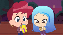 a cartoon girl with blue hair and a red haired girl drinking from a yellow cup