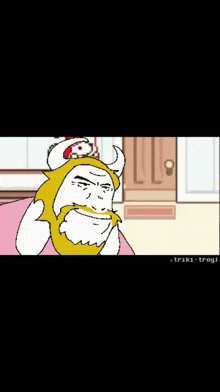 a cartoon drawing of a man with a yellow beard and a white hat