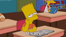 bart simpson is sitting at a desk in a classroom reading a book and says my rn .