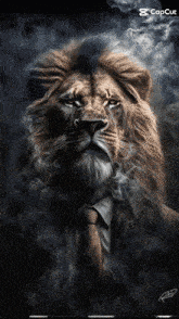 a painting of a lion wearing a suit and tie with the caption capcut
