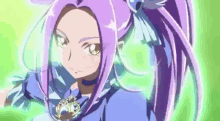 a girl with purple hair and green eyes is wearing a blue dress and necklace .