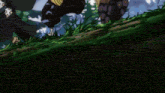 a scarecrow is standing in the middle of a forest with a cloudy sky in the background