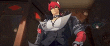 a cartoon character with red hair is wearing a black collar