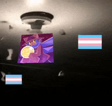 a picture of a cartoon character with a purple hat is surrounded by a transgender flag