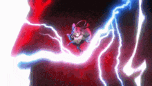 a person is being struck by lightning in a red and blue lightning storm .