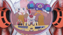 a group of cartoon characters are sitting in a bubble with one of them wearing a shirt that has the letter d on it