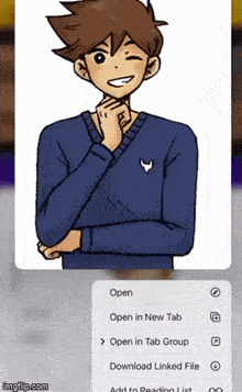 a screenshot of a cartoon character with the options open open in new tab open in tab group download linked file add to reading list