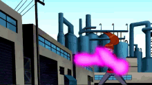 a cartoon character is standing in front of a factory with purple smoke coming out of it